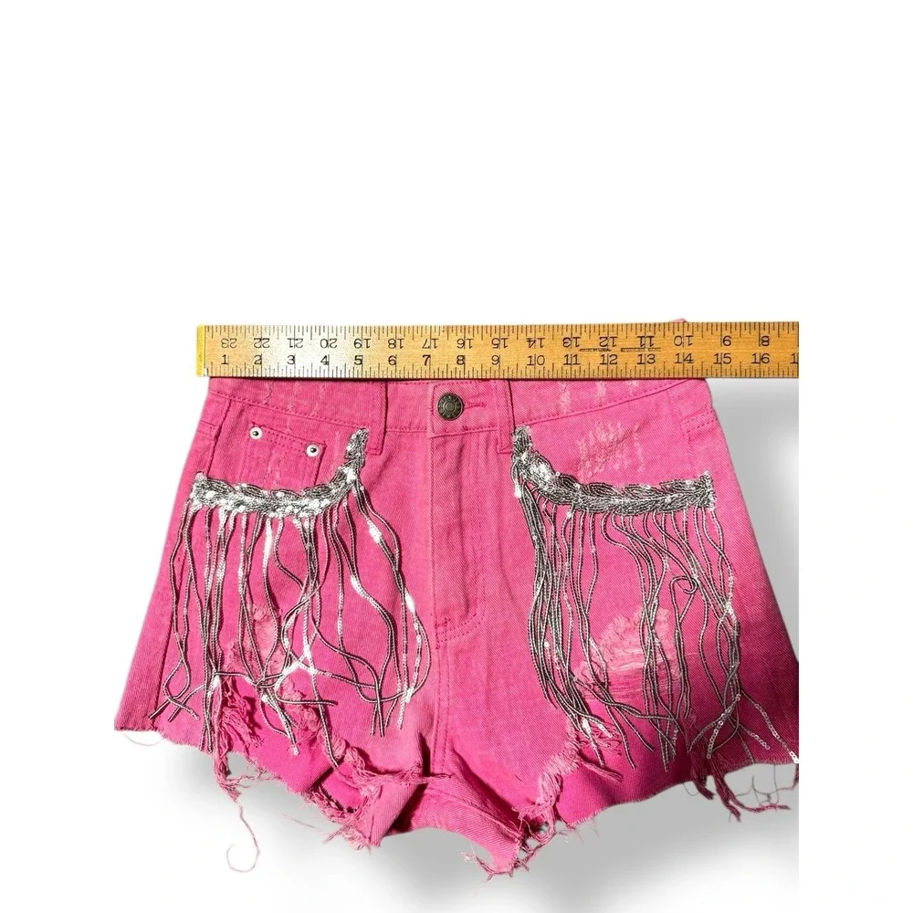 Blue Buttercup Hot Pink‎ Fringe Frayed Denim Shorts Rhinestone Sequin Small NWT